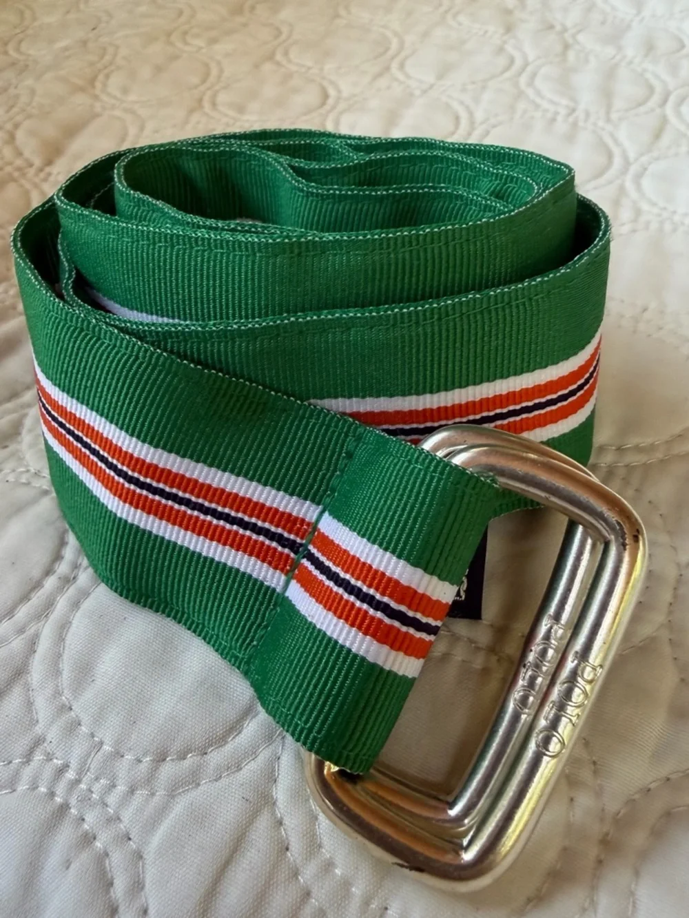 Ralph Lauren Polo belt, green, and orange striped preppy style.